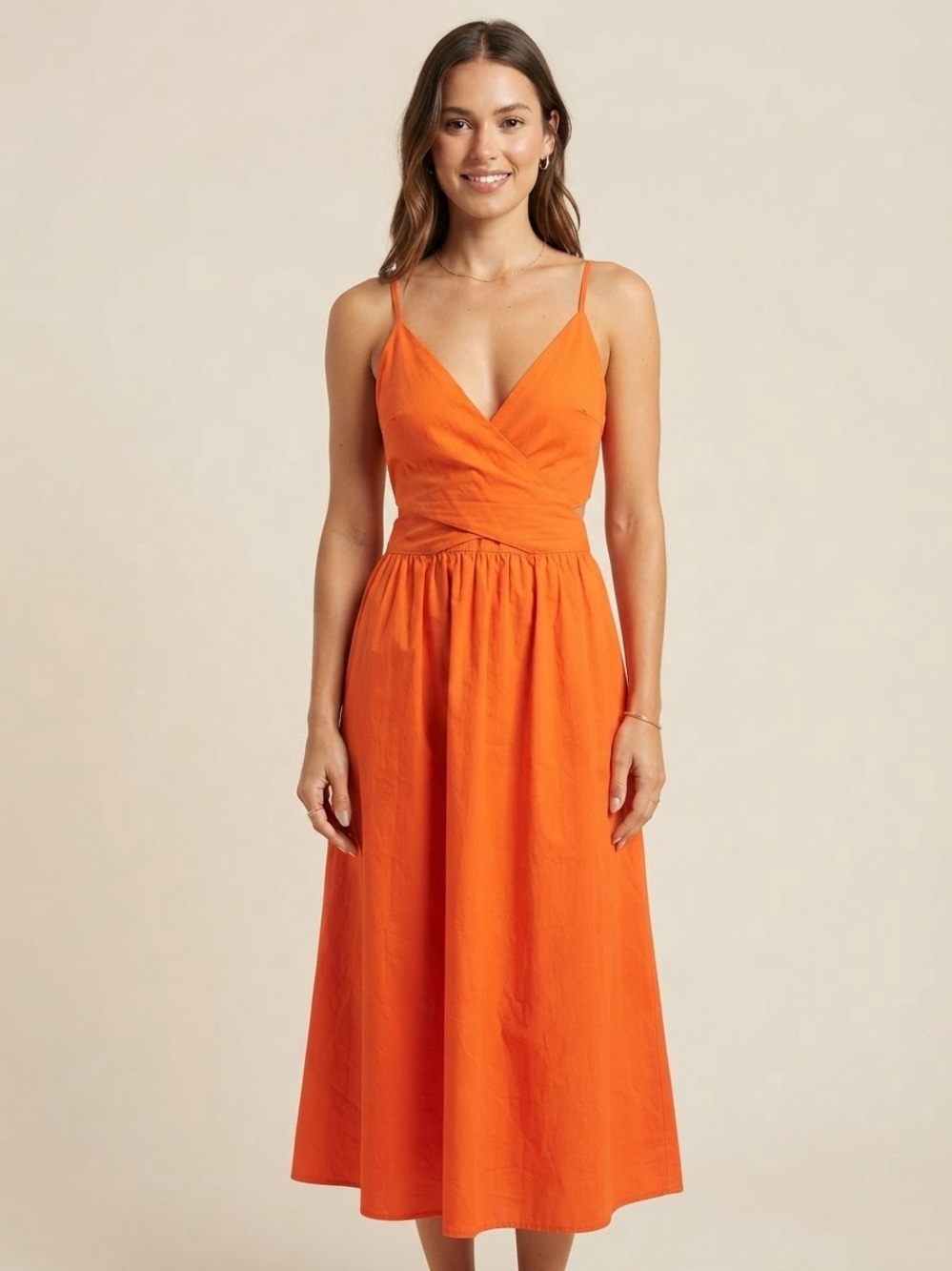 Women's Orange Spaghetti-Strap Midi Dress with Wrap Bodice